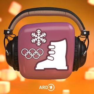 Schneeflocke, Skischuh und olympische Ringe auf lila Würfel, der Kopfhörer trägt.